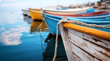 Obraz premium Colorful Wooden Boats Moored on Calm Water Surface in Harbor