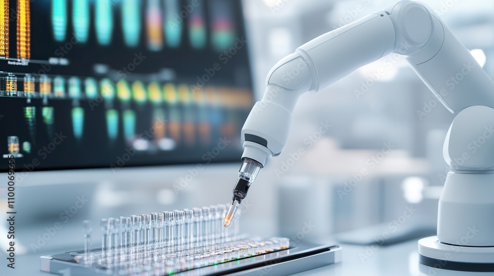 Poster A robotic arm operates precision instruments near a computer screen displaying data, suggesting advanced automation in a laboratory or scientific setting.