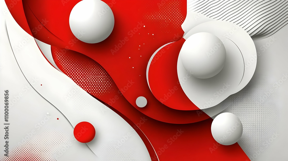 Poster abstract red and white spheres with wave pattern background.