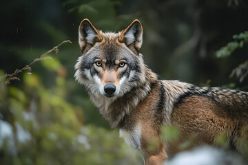 Fototapeta premium Grey wolf looking at the camera, British Columbia, Canada