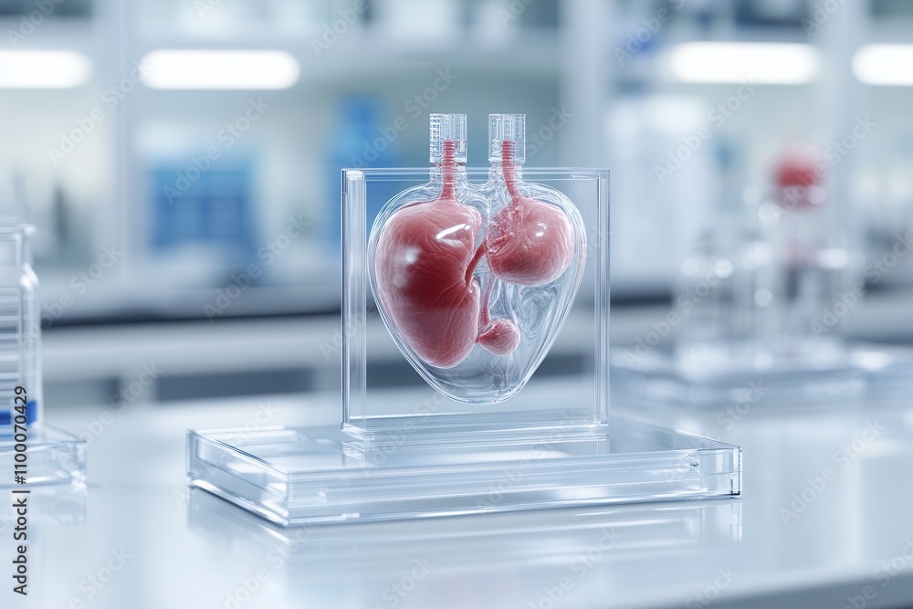 Poster A detailed model of a heart displayed in a laboratory setting, showcasing anatomical features for educational and research purposes.