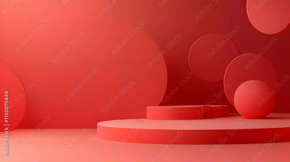Poster abstract red 3d rendering of geometric shapes, featuring circular and cylindrical forms on a platfor