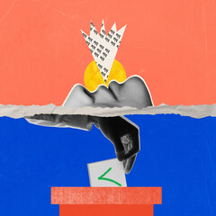 Contemporary art collage. Combination of voting and mouth with floating textured paper with text...