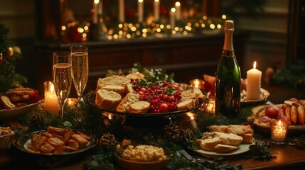 Fototapeta premium Festive table with champagne and candles for holiday celebration