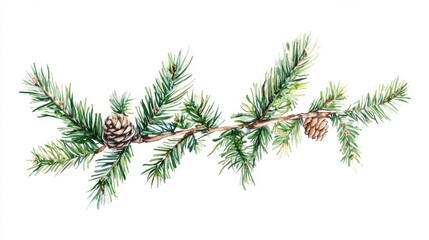 Pine branch with cones on a white isolated background.