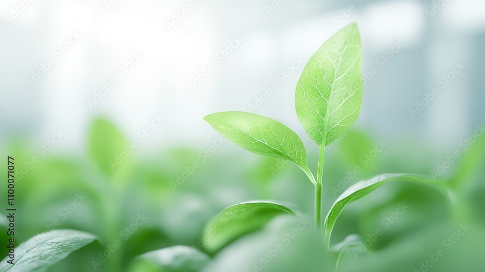 Poster a close-up of vibrant green seedlings emerging in a soft-focus environment, symbolizing growth and r
