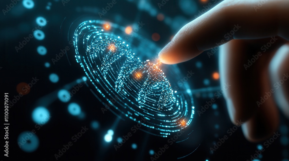 Aufkleber A close-up of a finger touching a glowing, digital interface with circular patterns and light points, symbolizing interaction with technology or data.