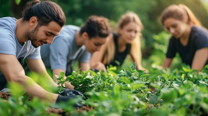Fototapeta premium Group of people gardening together in lush green field