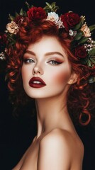 Fototapeta premium Ethereal beauty adorned with a lush floral crown of deep red roses and delicate white blooms, her porcelain skin glowing against fiery curls and bold crimson lips.