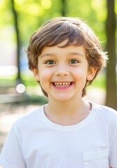 Smiling boy with a noticeable overbite and big bright eyes in bright park setting.