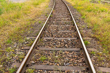 Obraz premium Closeup of railroad track making a bend, going through green overgrown landscape.