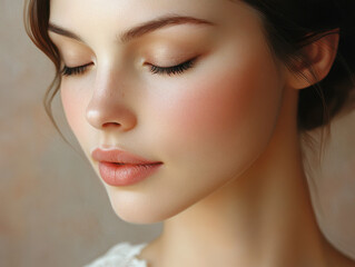 Close-up portrait of a woman with beautiful hair, light freckles and a calm demeanor, showing natural beauty and elegance.