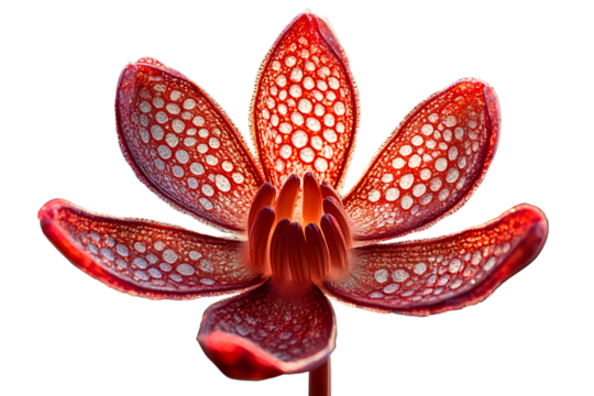 Red Flower with White Spots: A  close-up view of a delicate red flower with intricate white spots. The petals are open wide, revealing the flower's center, isolated