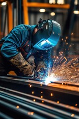 A skilled welder creates sparks as they work on metal, showcasing precision and dedication in a vibrant industrial setting.