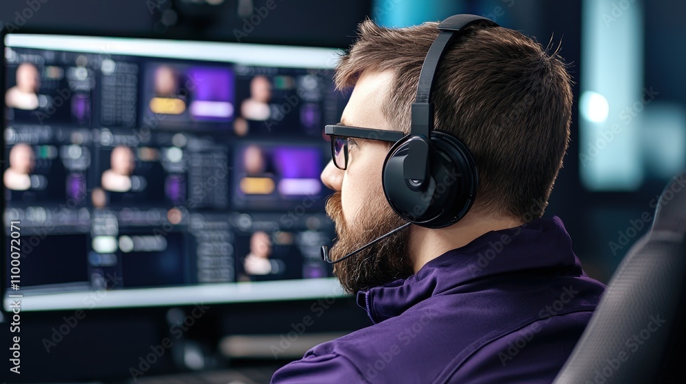 Poster focused male professional analyzing data on multiple computer screens.
