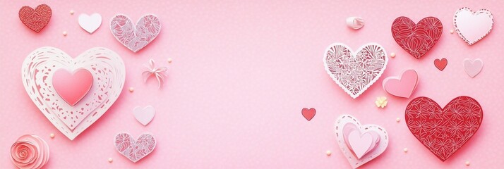 Fototapeta premium Romantic Valentine's Day background with an array of decorative paper hearts in shades of pink, red, and white on a soft pink textured surface.