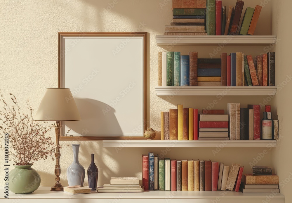 Poster cozy and inviting bookshelf scene with colorful books and decorative elements in a warm ambient sett