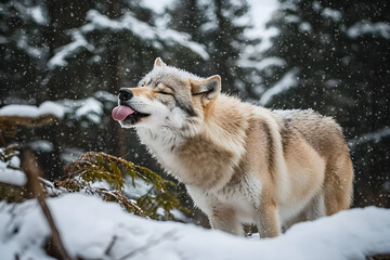 Obraz premium Grey wolf wild golden fur standing in the snow forest licking his face, Golden, British Columbia, Canada