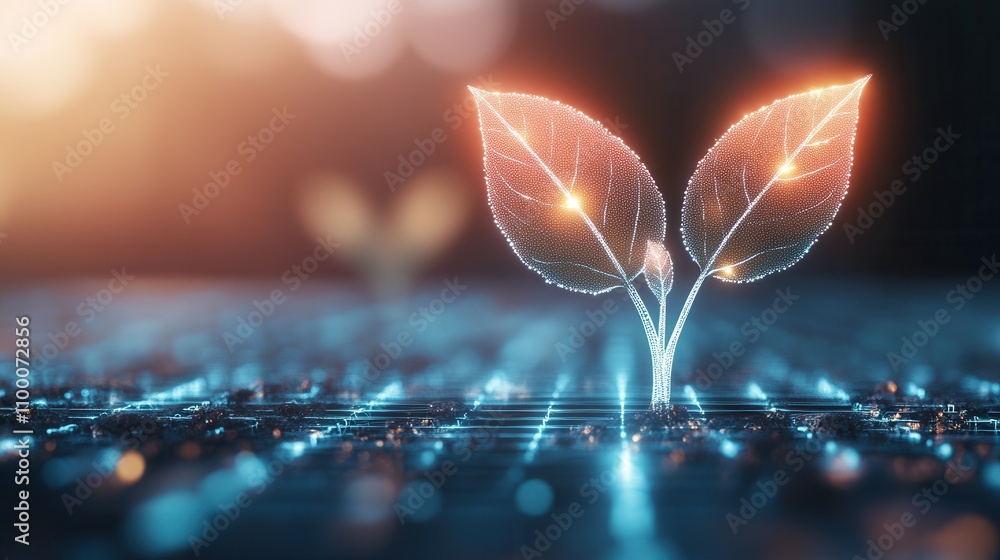 Poster a glowing plant sprout emerges from a digital grid, symbolizing the fusion of nature and technology,