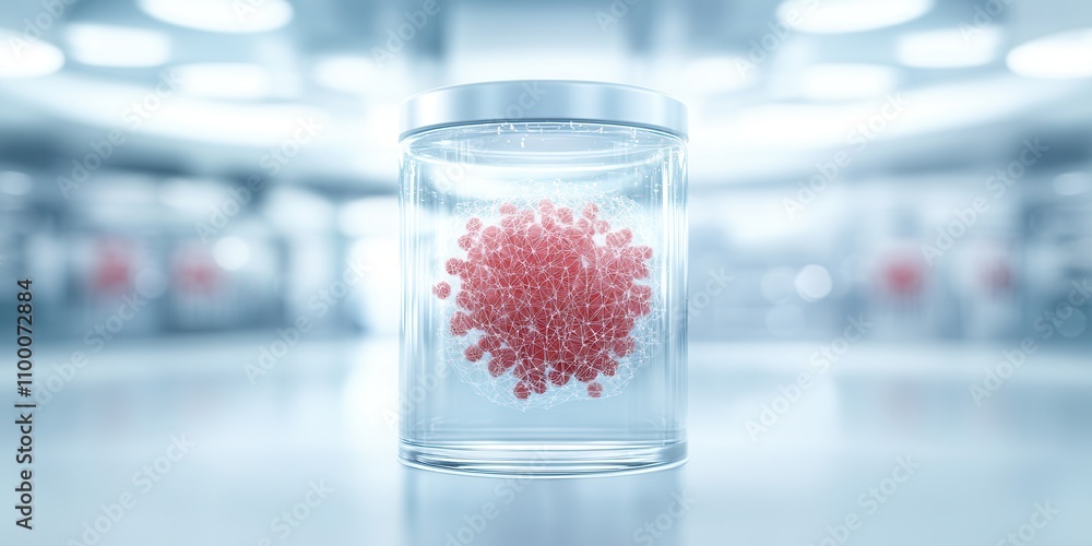 Poster a transparent jar contains a spherical cluster of red particles, set against a blurred, futuristic l