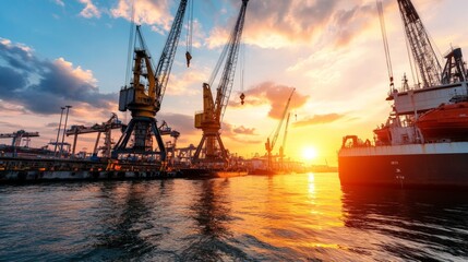 Obraz premium Sunset Over Industrial Port with Cranes and Shipping Vessels