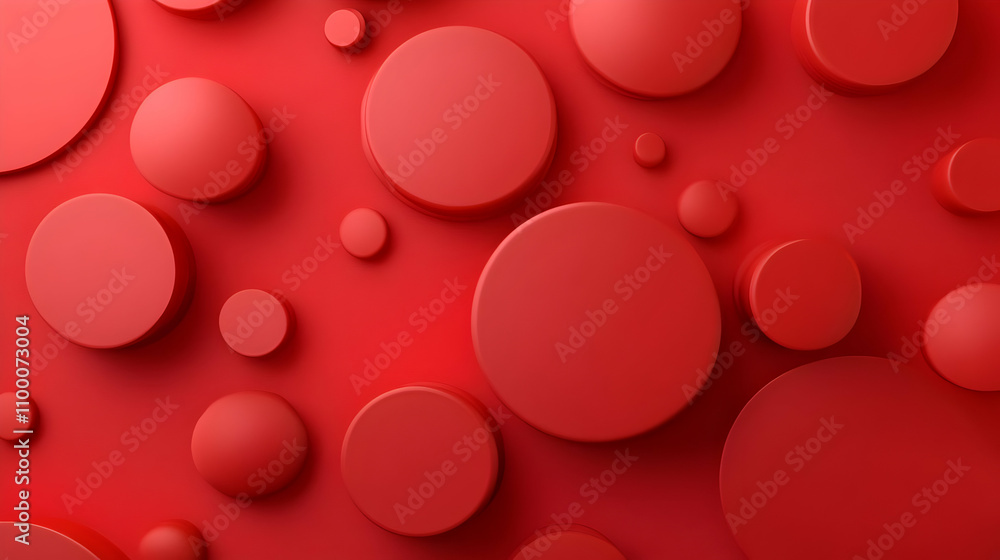 Poster abstract red background with various sized circles and spheres.