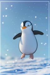 Obraz premium Animated penguin character waddling across snowy landscape winter fun concept