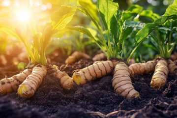 Naklejka premium Turmeric roots growing in lush green soil, with fresh leaves sprouting and the sun shining down on the scene.