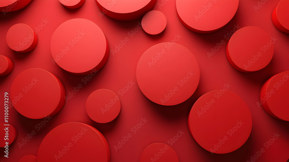 Poster abstract red background with various sized cylinders creating a dynamic, geometric pattern.
