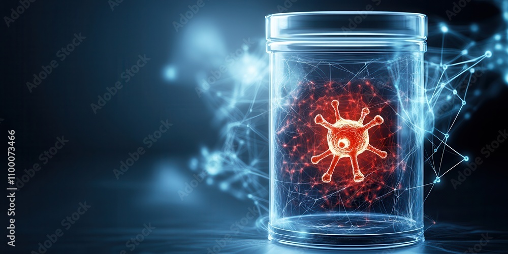 Poster a glowing jar encapsulates a virus, illuminated against a dark background, symbolizing containment a