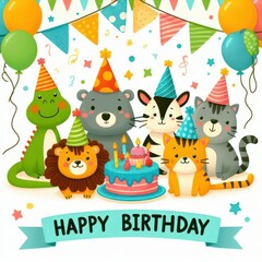 Naklejka premium A colorful birthday celebration with six cartoon animals wearing party hats. There are balloons, banners, confetti, and a birthday cake with candles. The text 