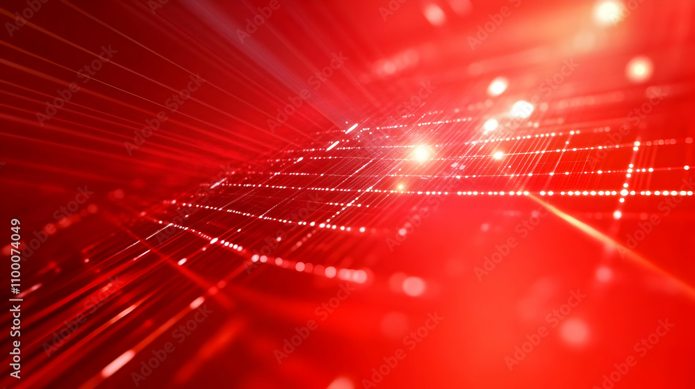 Poster abstract red grid pattern with light streaks and bokeh effect.