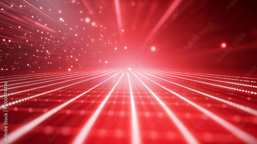 Poster Abstract red grid background with glowing lines and particles, creating a futuristic or technological feel.