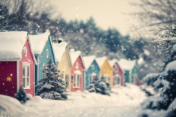Row of Pastel Colors Cottages in a Winter Diorama