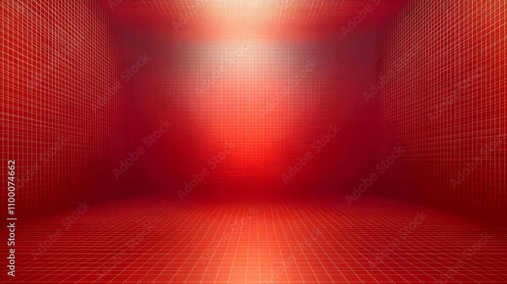 Poster abstract red room with grid pattern on walls and floor. light source from above creates depth and hi