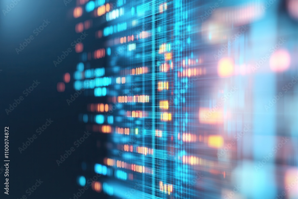 Poster a vibrant, abstract representation of digital data streams, showcasing blue and orange lights agains