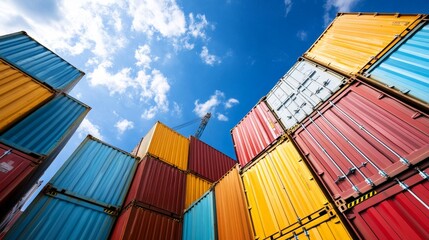 Fototapeta premium Colorful Shipping Containers Stacked Against A Bright Blue Sky