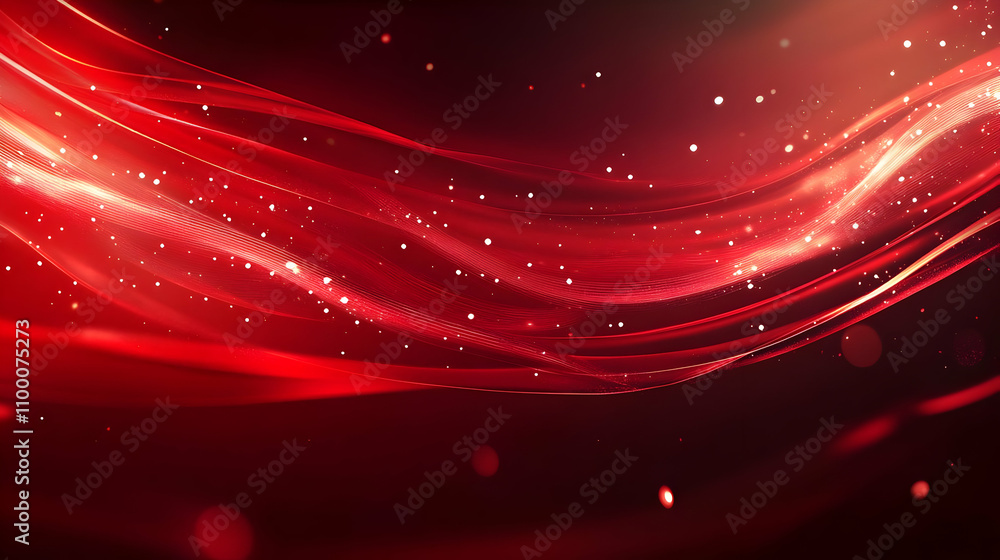 Poster abstract red wave background with glowing particles and bokeh lights.