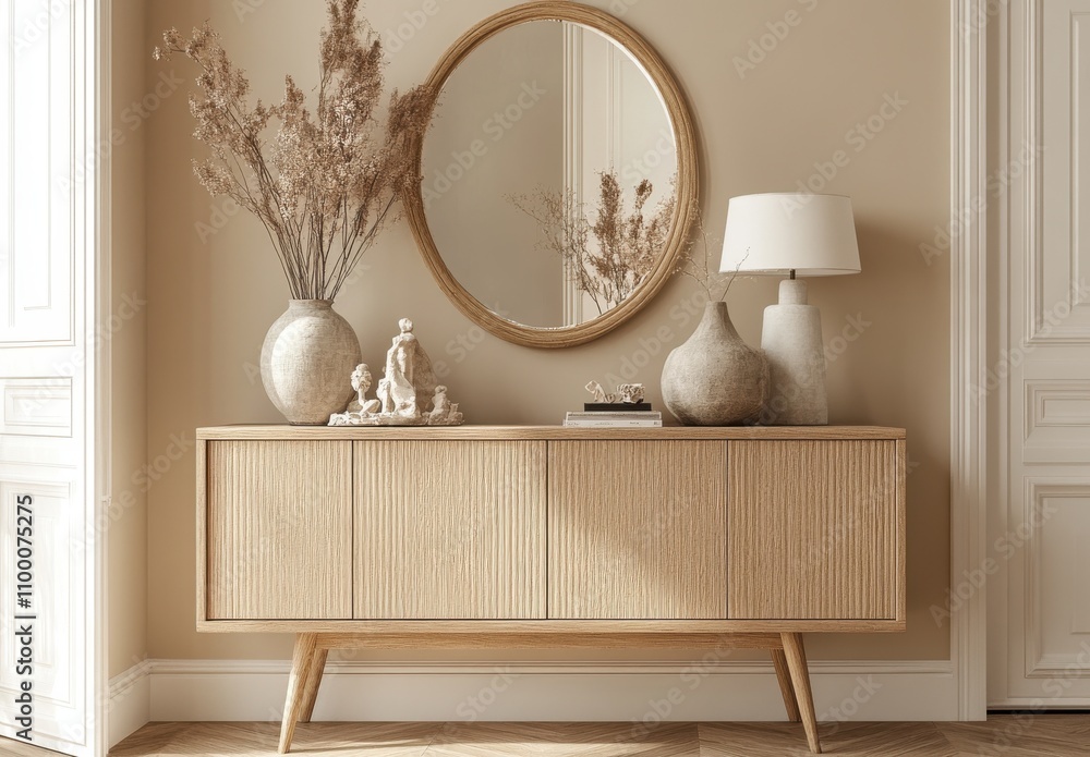 Poster elegant interior design featuring a minimalistic sideboard with vases, decorative items, and a round