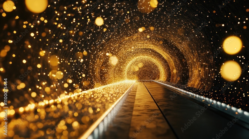 Poster glittering gold tunnel with pathway, bokeh lights and particles.