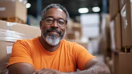 Fototapeta premium A man with a relaxed demeanor, dressed in an orange shirt, sits among stacks of boxes in a warehouse, symbolizing a sense of contentment and achievement.