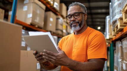 A senior man in an orange shirt reviews paperwork while standing in a warehouse, surrounded by cardboard boxes, indicating a diligent and focused work ethic.
