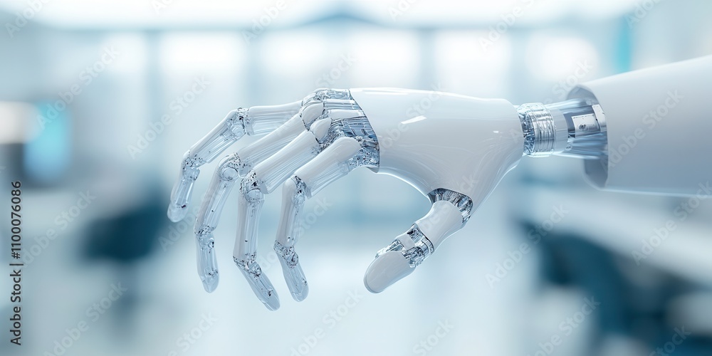 Poster A robotic hand extends in a futuristic setting, showcasing advanced technology and design within a sleek, modern environment.