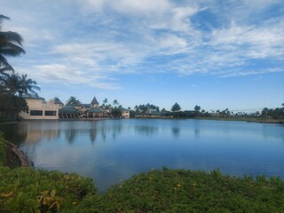 Obraz premium ocean, water, sky, clouds, trees, palm tree, peace, relax, haway, havai, america, travel, destination, blue, landscape, nature, outside, view, island, rock, flower