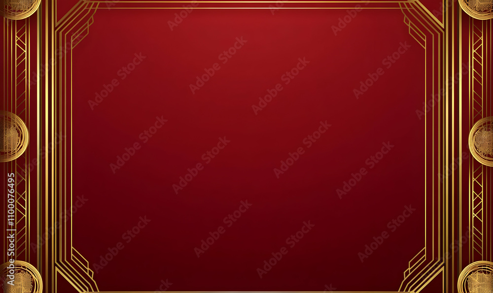 Poster elegant red and gold art deco background with a central empty space for text or images.