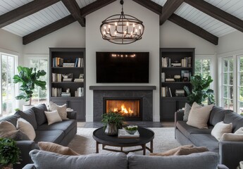 Elegant modern living room featuring a cozy fireplace, stylish furniture, and natural light enhancing the serene atmosphere of a contemporary home interior design.