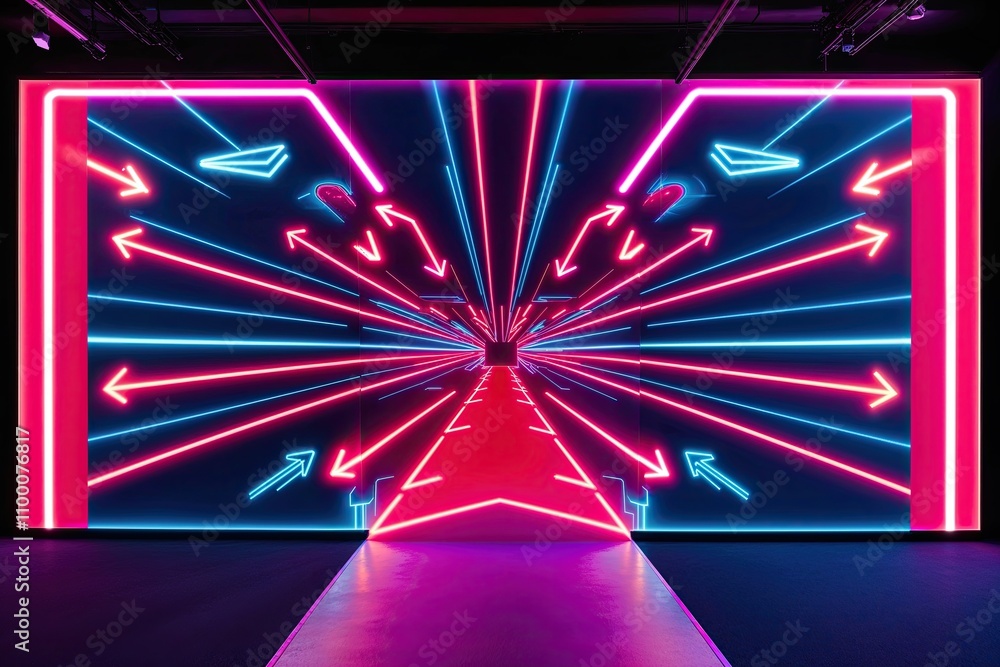Poster 3d display of bold neon tapestry with arrows illuminating a futuristic path