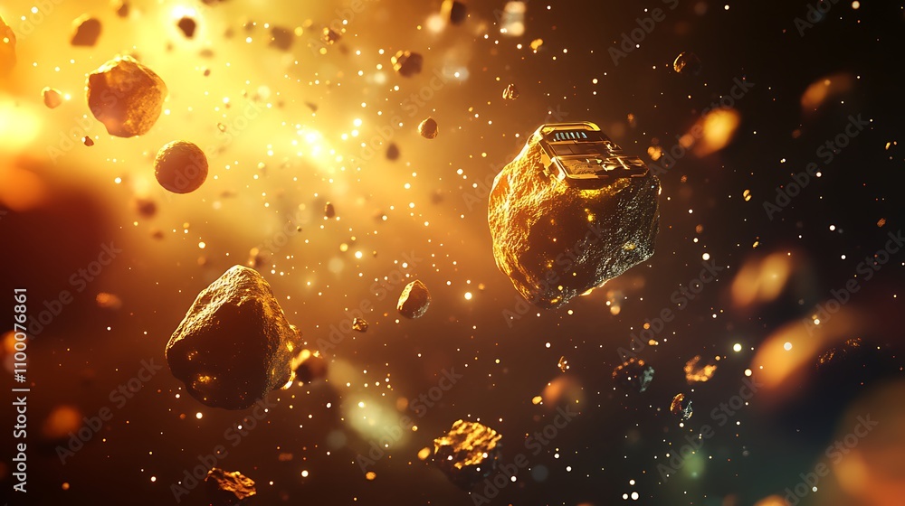Poster golden asteroid field with spaceship passing through