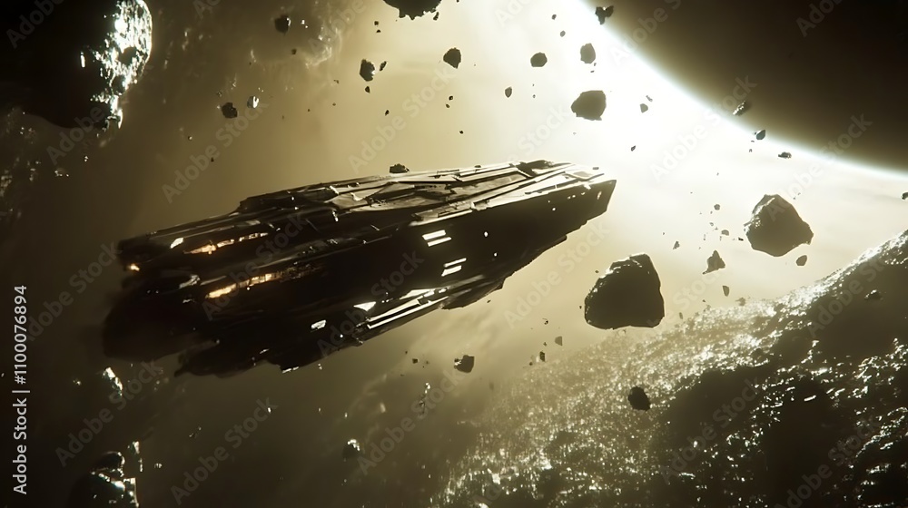 Poster spaceship navigating asteroid field in deep space