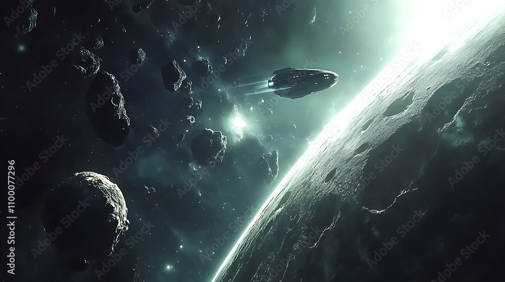 Poster spaceship navigating asteroid field near planet